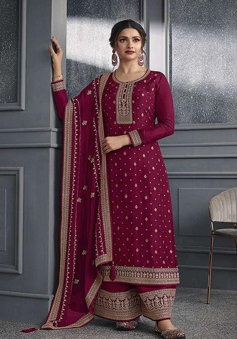 Burgundy Embroidered Art Silk Kurta Set