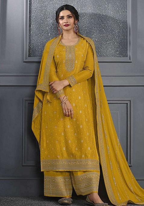 Mustard Embroidered Art Silk Kurta Set