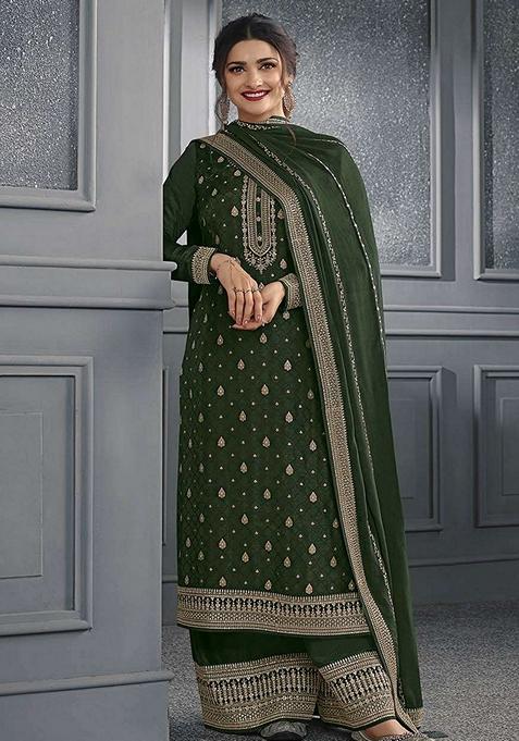 Dark Olive Embroidered Art Silk Kurta Set