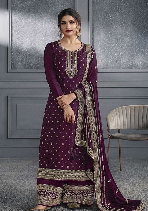 Wine Embroidered Art Silk Kurta Set