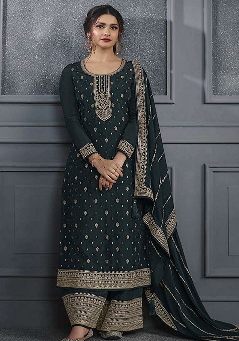 Dark Grey Embroidered Art Silk Kurta Set