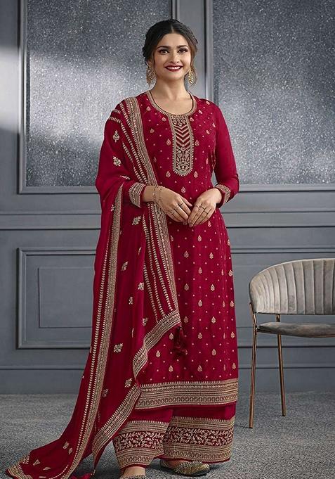 Dark Red Embroidered Art Silk Kurta Set