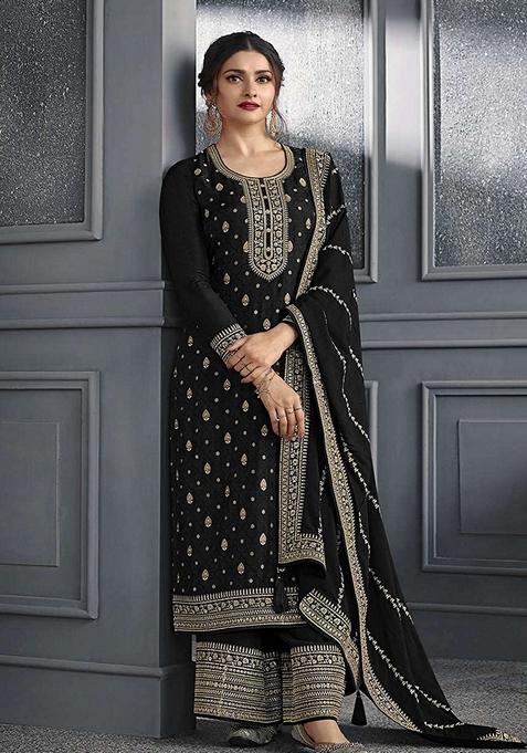 Black Embroidered Art Silk Kurta Set