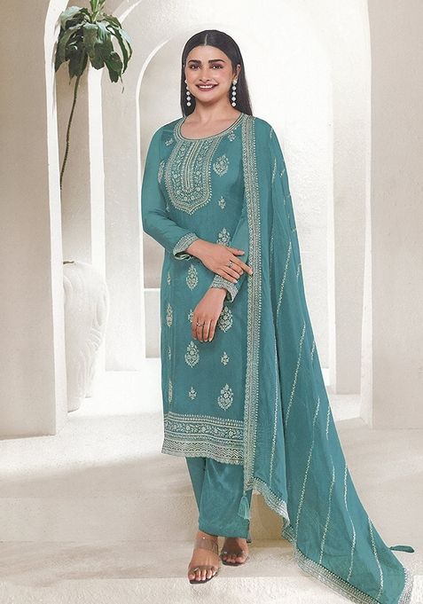 Light Teal Blue Embroidered Organza Kurta Set