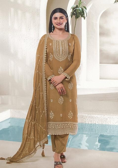 Mustard Embroidered Organza Kurta Set