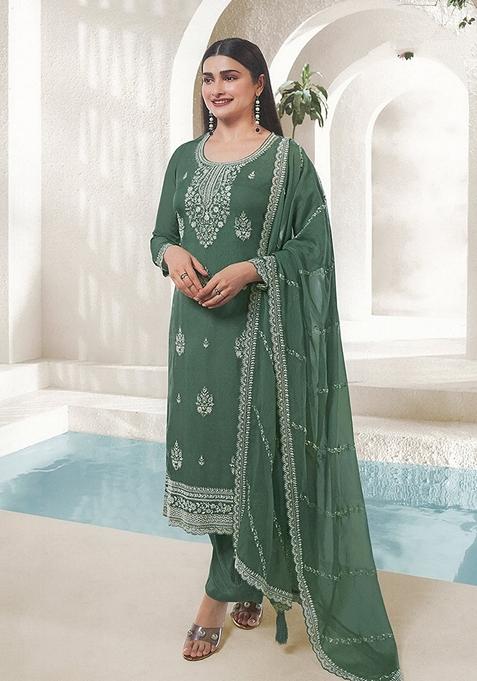 Sea Green Embroidered Organza Kurta Set