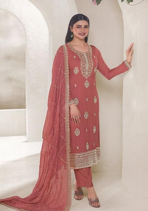 Peach Embroidered Organza Kurta Set