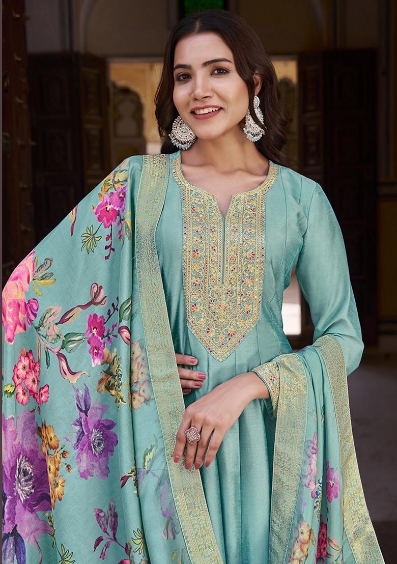 Turquoise Embroidered Silk Anarkali Kurta Set