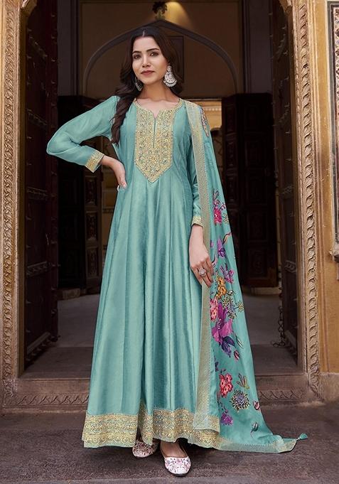 Turquoise Embroidered Silk Anarkali Kurta Set