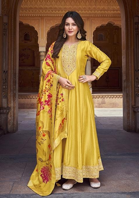 Yellow Embroidered Silk Anarkali Kurta Set