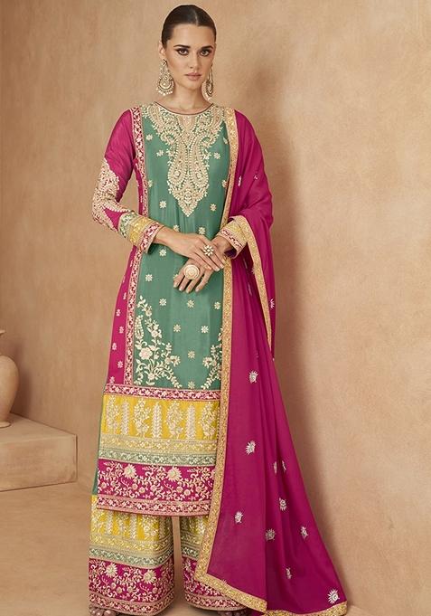 Multicolour Embroidered Chiffon Kurta Set