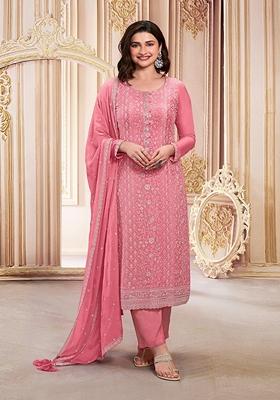 Pink Embroidered Faux Georgette Kurta Set