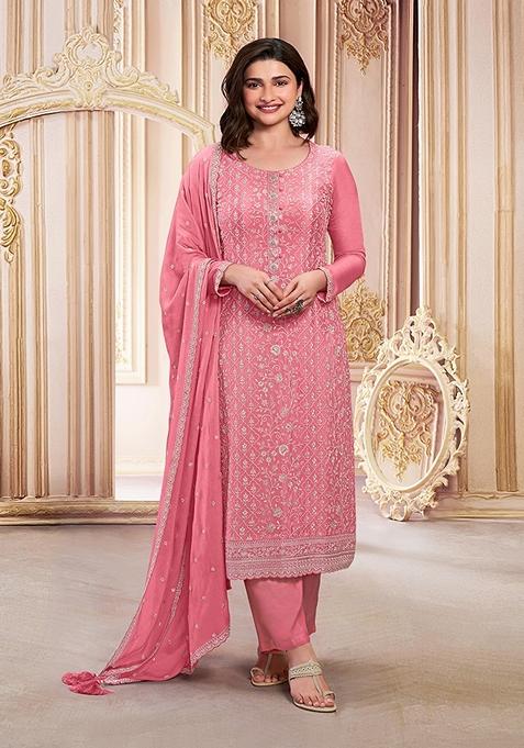 Pink Embroidered Faux Georgette Kurta Set