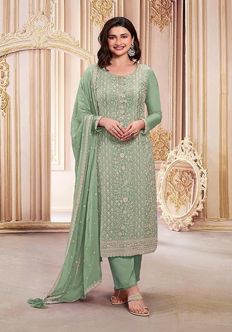 Light Green Embroidered Faux Georgette Kurta Set