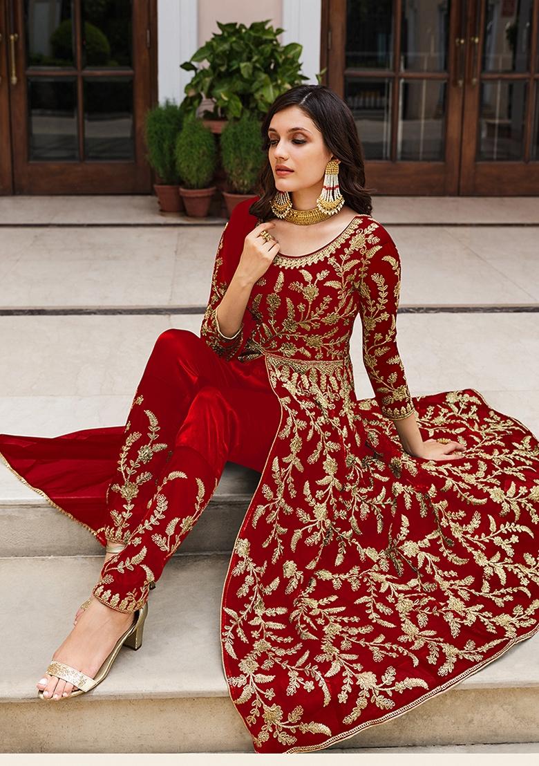 Red Embroidered Net Anarkali Kurta Set