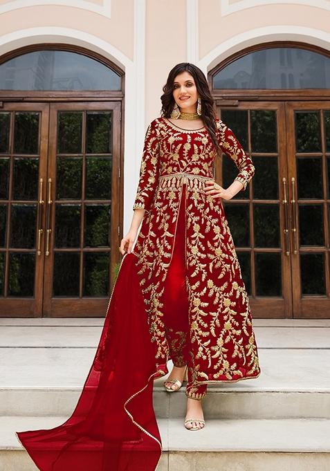 Red Embroidered Net Anarkali Kurta Set