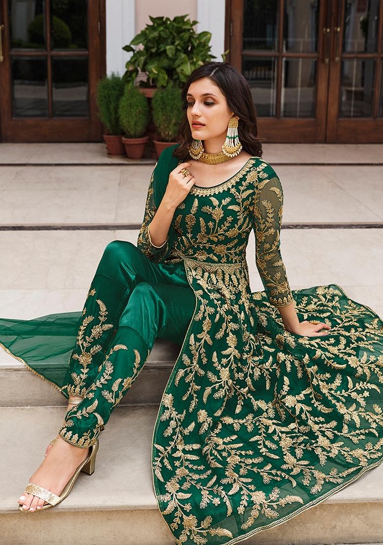 Dark Green Embroidered Net Anarkali Kurta Set