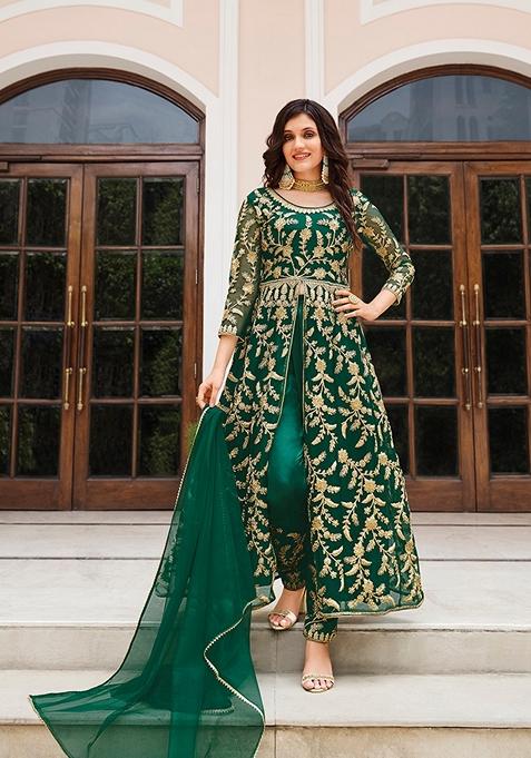 Dark Green Embroidered Net Anarkali Kurta Set