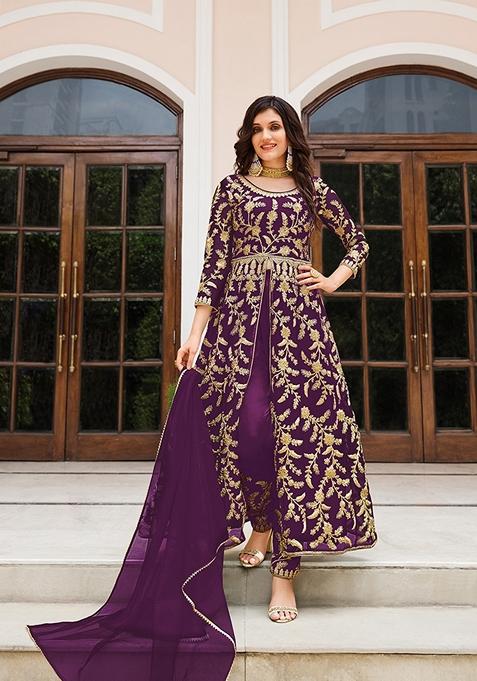 Purple Embroidered Net Anarkali Kurta Set