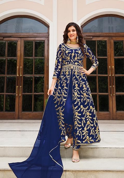 Navy Blue Embroidered Net Anarkali Kurta Set