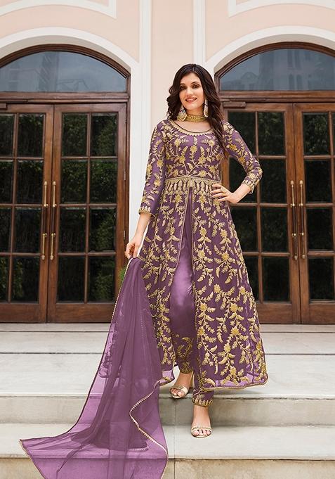 Mauve Embroidered Net Anarkali Kurta Set