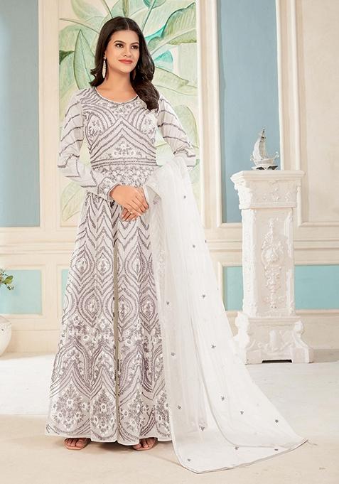 Off White Embroidered Net Anarkali Kurta Set