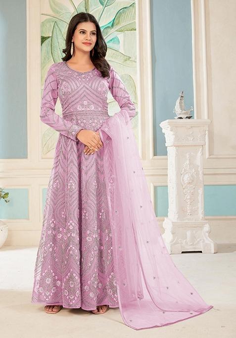 Rose Embroidered Net Anarkali Kurta Set