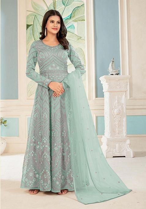 Sea Green Embroidered Net Anarkali Kurta Set