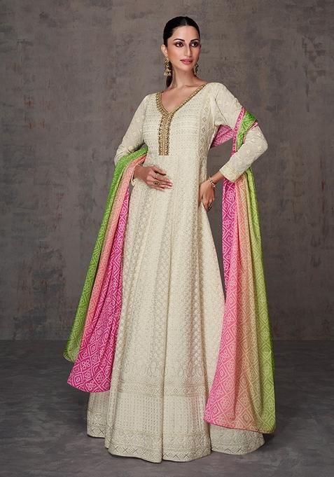 Cream Embroidered Faux Georgette Anarkali Gown Set