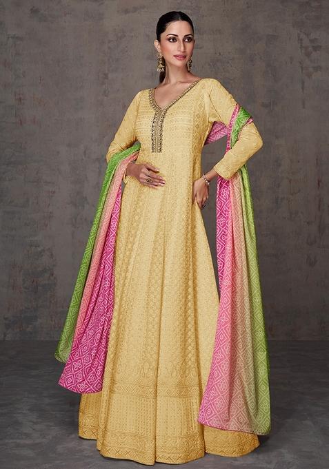 Light Peach Embroidered Faux Georgette Anarkali Gown Set