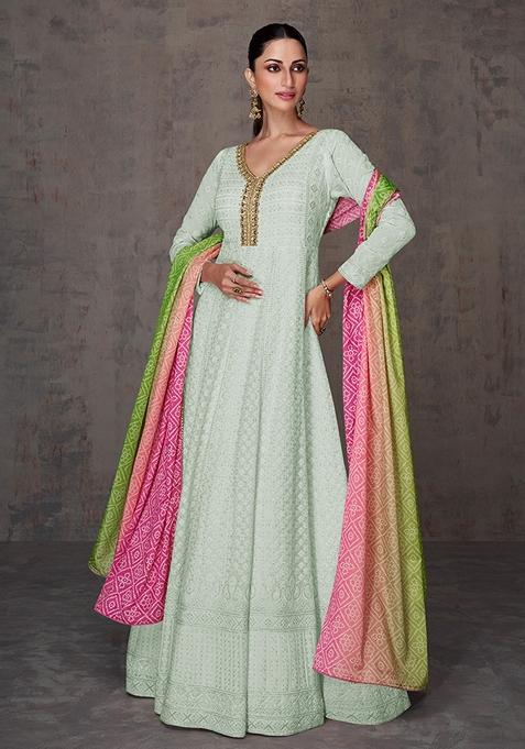 Light Sea Green Embroidered Faux Georgette Anarkali Gown Set