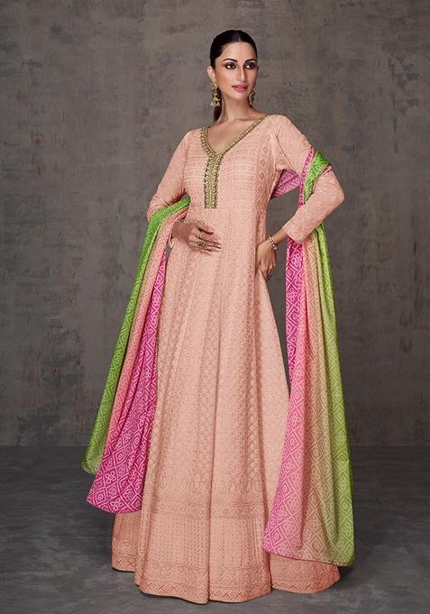 Peach Embroidered Faux Georgette Anarkali Gown Set