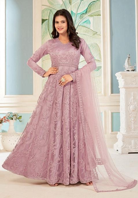 Light Pink Embroidered Net Anarkali Gown Set