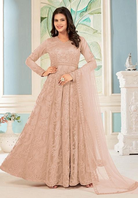 Beige Embroidered Net Anarkali Gown Set