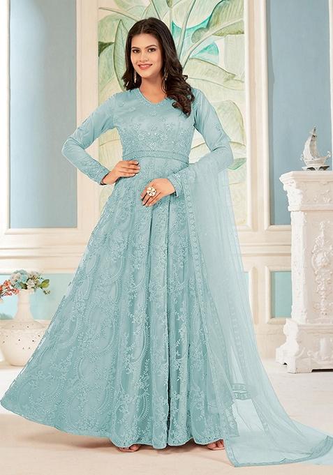 Sky Blue Embroidered Net Anarkali Gown Set