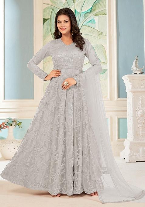 Light Grey Embroidered Net Anarkali Gown Set