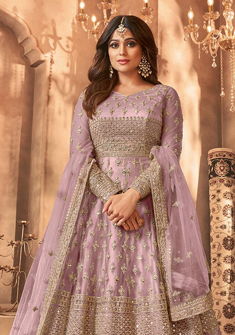 Lavender Embroidered Net Anarkali Gown Set - Indya