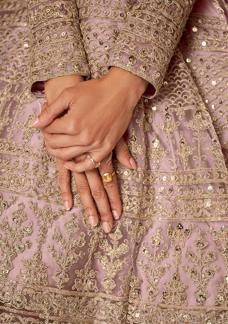 Lavender Embroidered Net Anarkali Gown Set - Indya