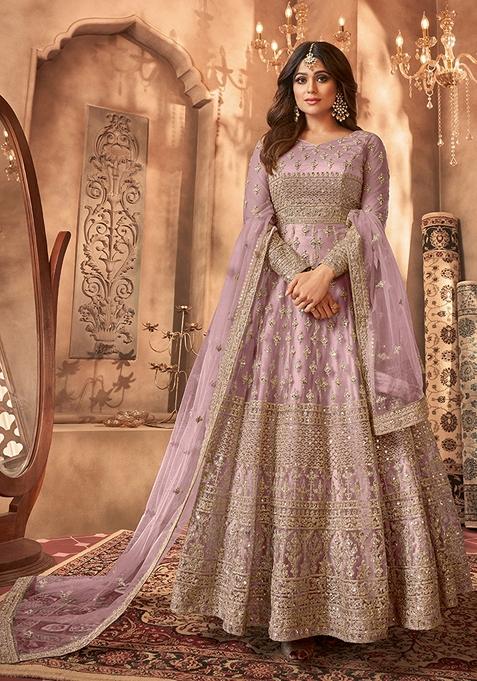 Lavender Embroidered Net Anarkali Gown Set