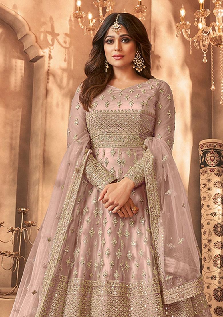 Beige Embroidered Net Anarkali Gown Set - Indya