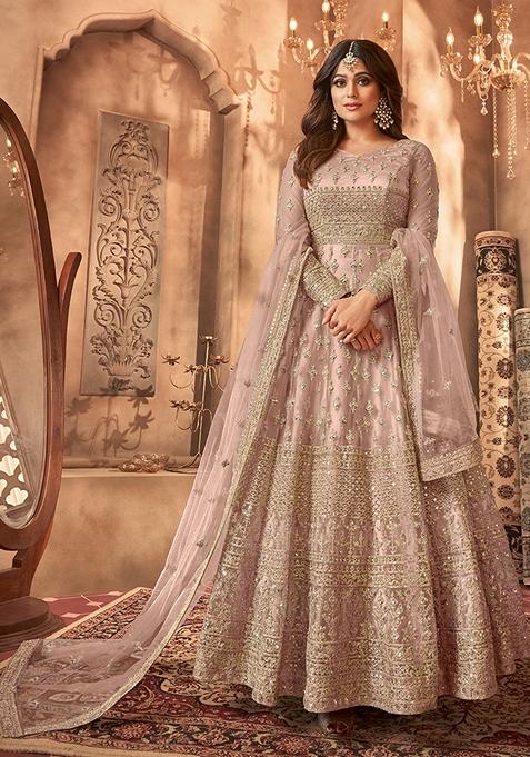 Beige Embroidered Net Anarkali Gown Set