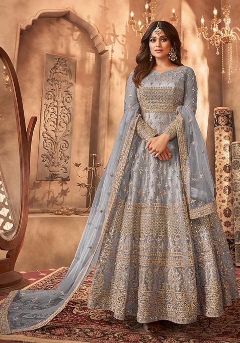 Light Blue Embroidered Net Anarkali Gown Set