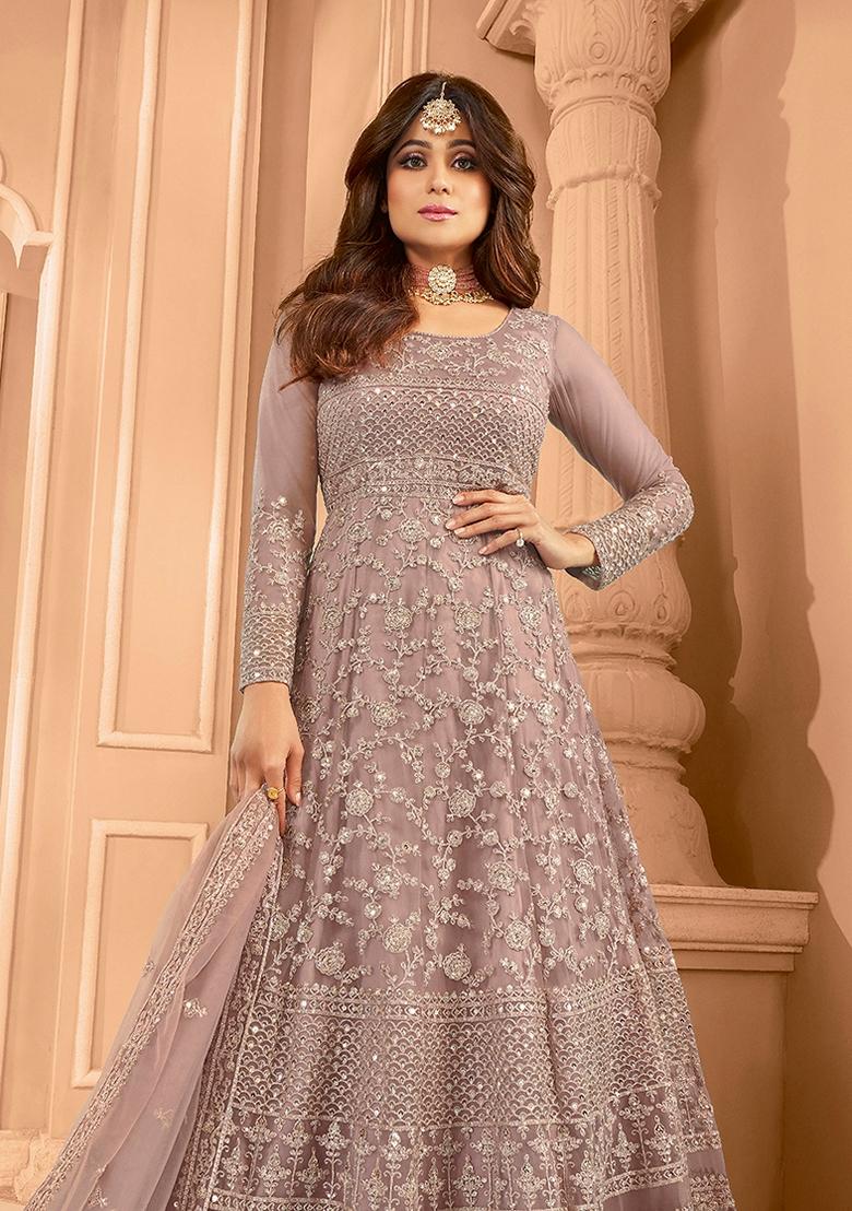 Light Mauve Embroidered Net Anarkali Kurta Set