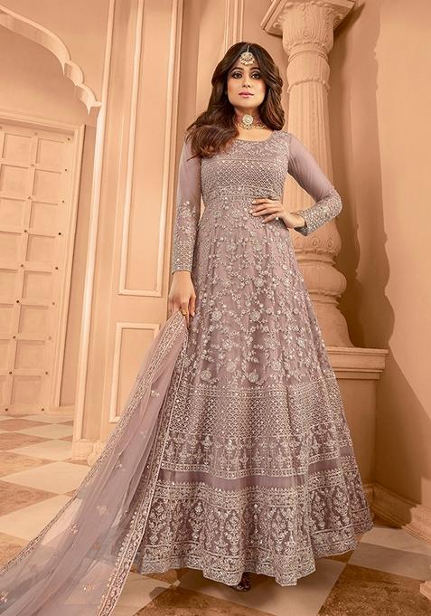 Light Mauve Embroidered Net Anarkali Kurta Set