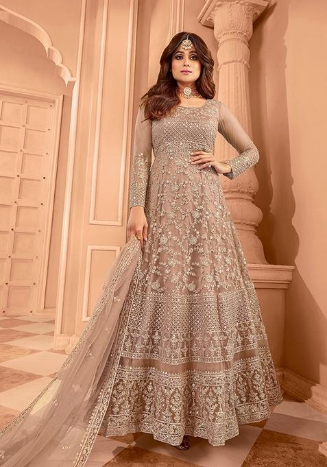 Beige Embroidered Net Anarkali Kurta Set