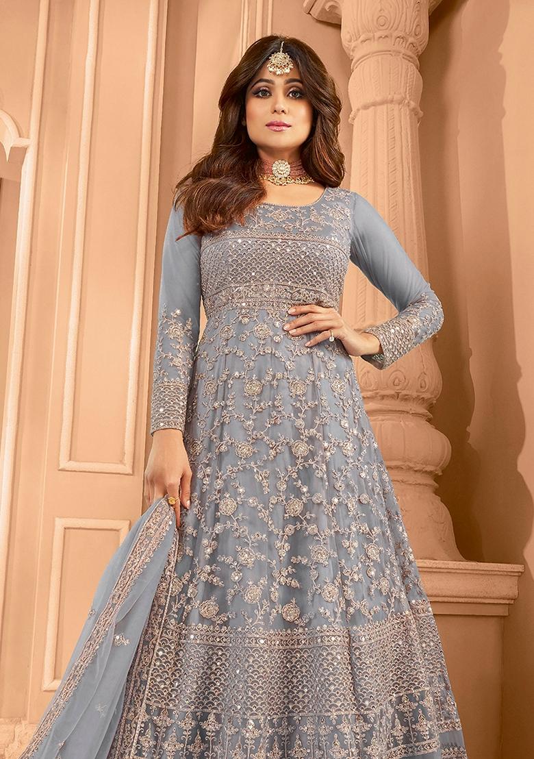 Grey Embroidered Net Anarkali Kurta Set