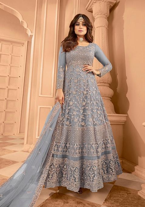 Grey Embroidered Net Anarkali Kurta Set