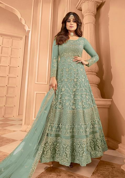 Light Teal Blue Embroidered Net Anarkali Kurta Set