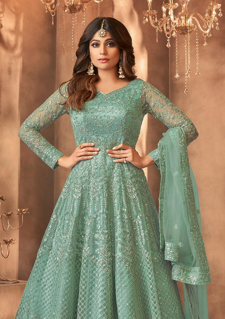 Sea Green Embroidered Net Anarkali Kurta Set