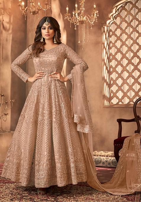 Peach Embroidered Net Anarkali Kurta Set